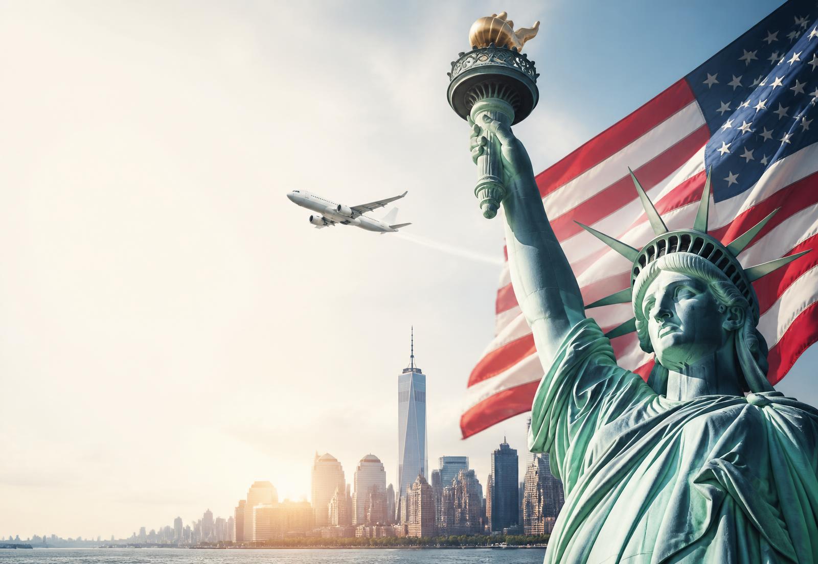 Özgürlük Anıtı, Amerikan bayrağı ve New York silüeti